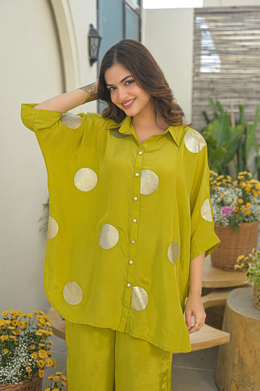 Pure crape gold zari with applique work smart two piece cordset (B469)