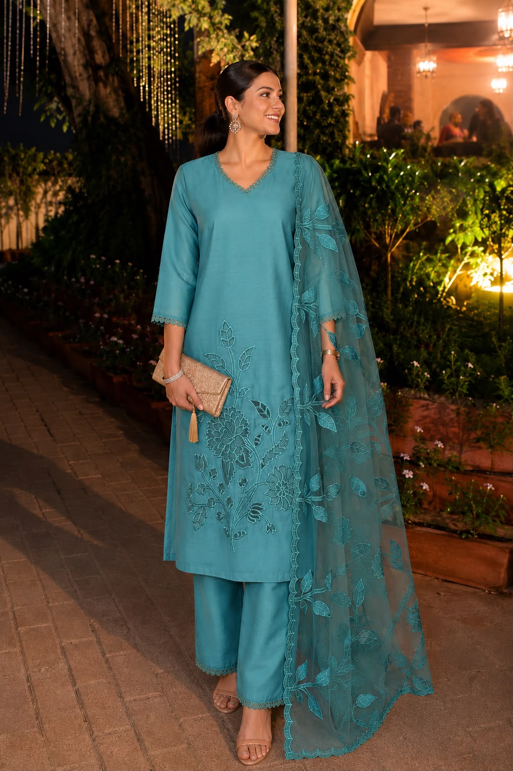 Pure mul chanderi with lining suit set HEAVY CUTWORK ORGANZA PATCH WITH HEAVY DUPATTA (C228)