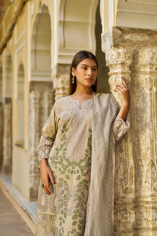 Pakistani pattern pure cotton fully embroidered stylish three piece set (B630)