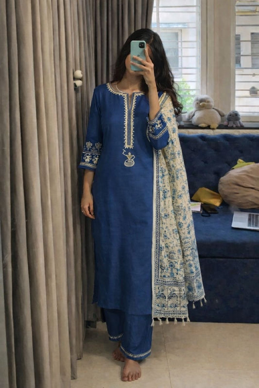 Blue cotton modal with varli art silk dupatta three piece set (A1537)