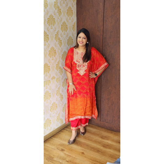 Pure crape red with orange bandani with real mirror work designer kaftan set (T74)