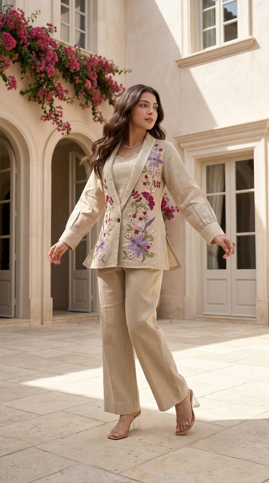 Smart jute linen fully embroidered with jute inner three piece set (B528)