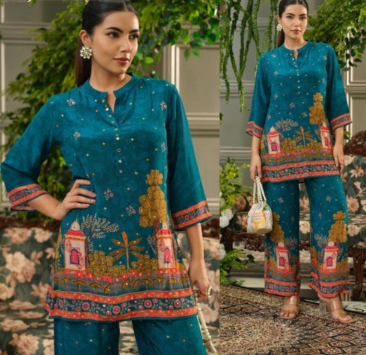 Firoji blue pure crape with hand work two piece cordset (A1109)