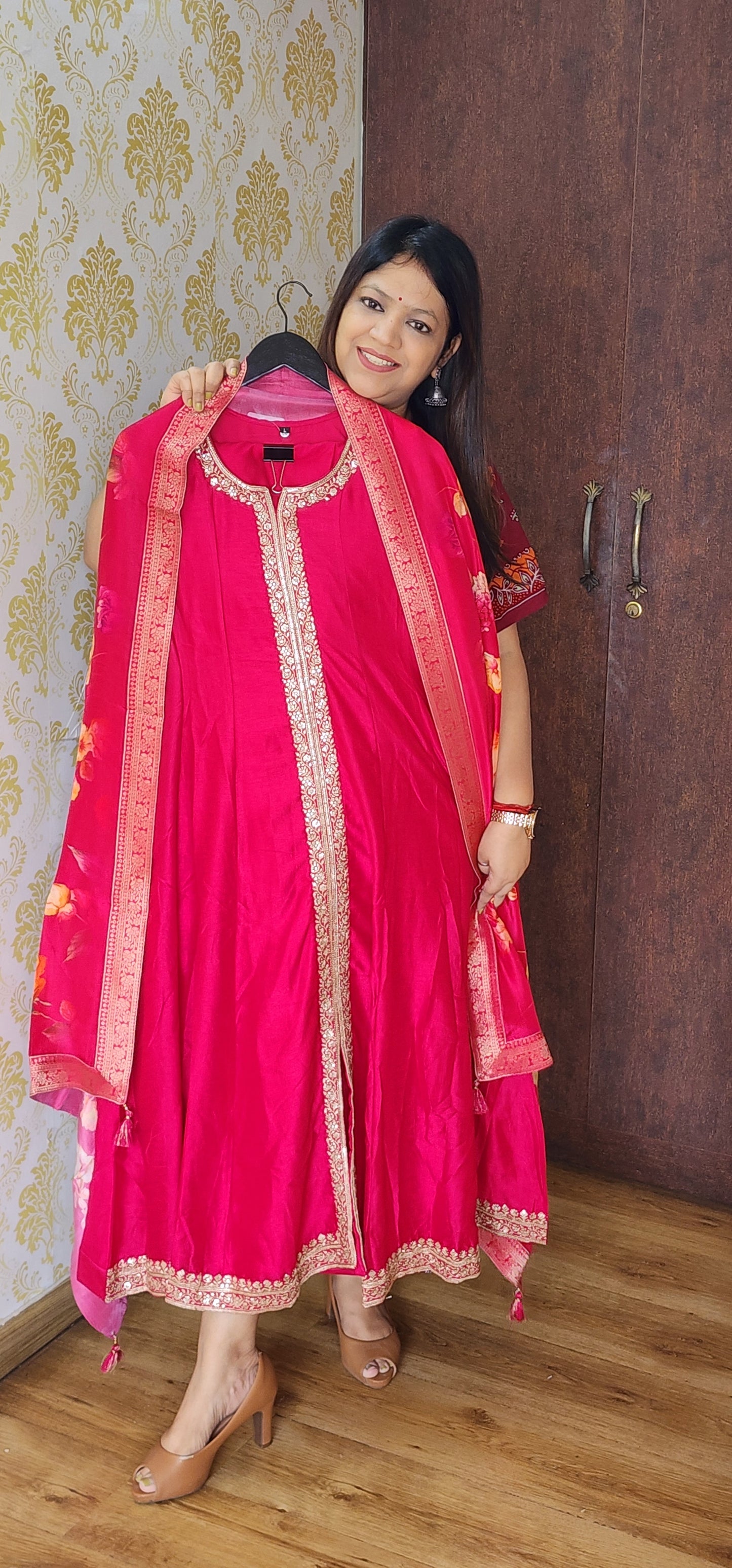 Dark pink russian silk designer three piece anarkali (P805)