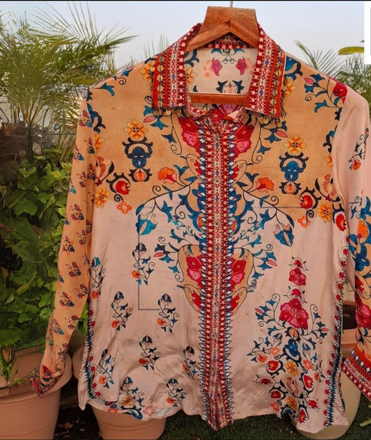 Mustred pure crape with coin detailing only shirt (P2392)