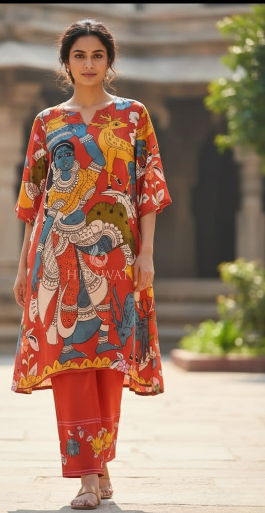 Red kalamkari pure crape two piece cordset (A1591)