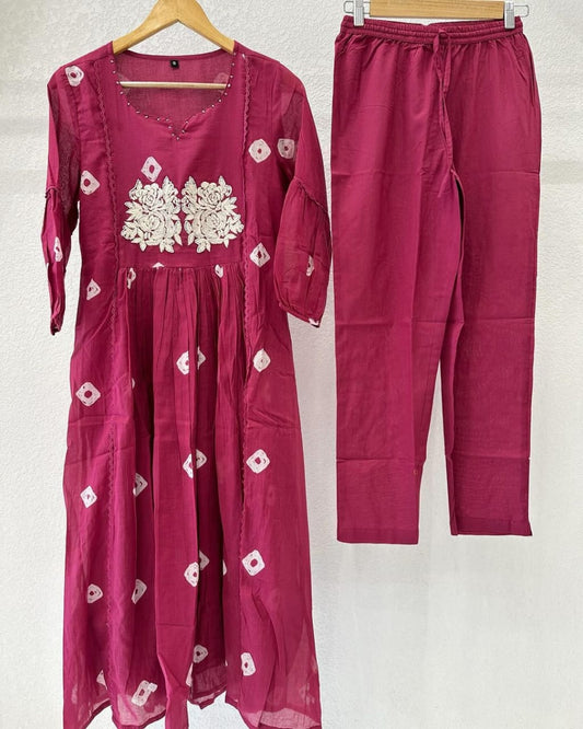 Cheery red mul cotton A line pattern kurta with pant (P151)