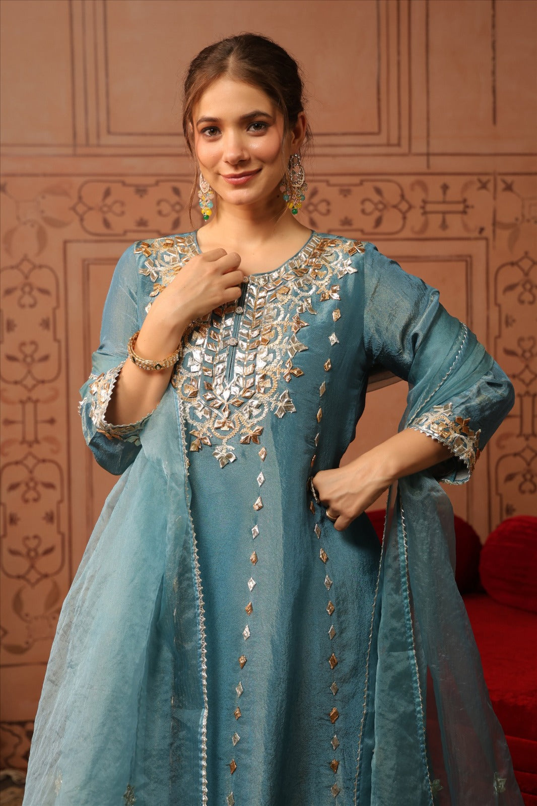 Pure tissue with gota work shoulder anarkali three piece set (C760)