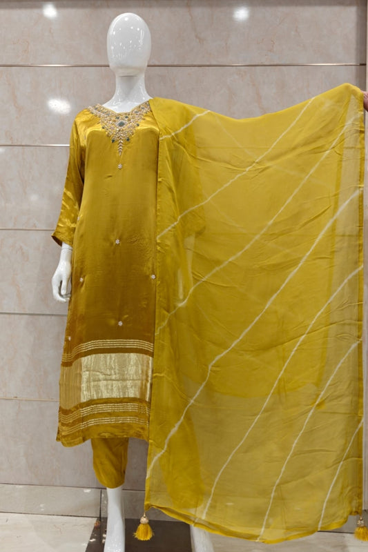 Mustred pure gaji silk with lagadi border three piece set (A1085)