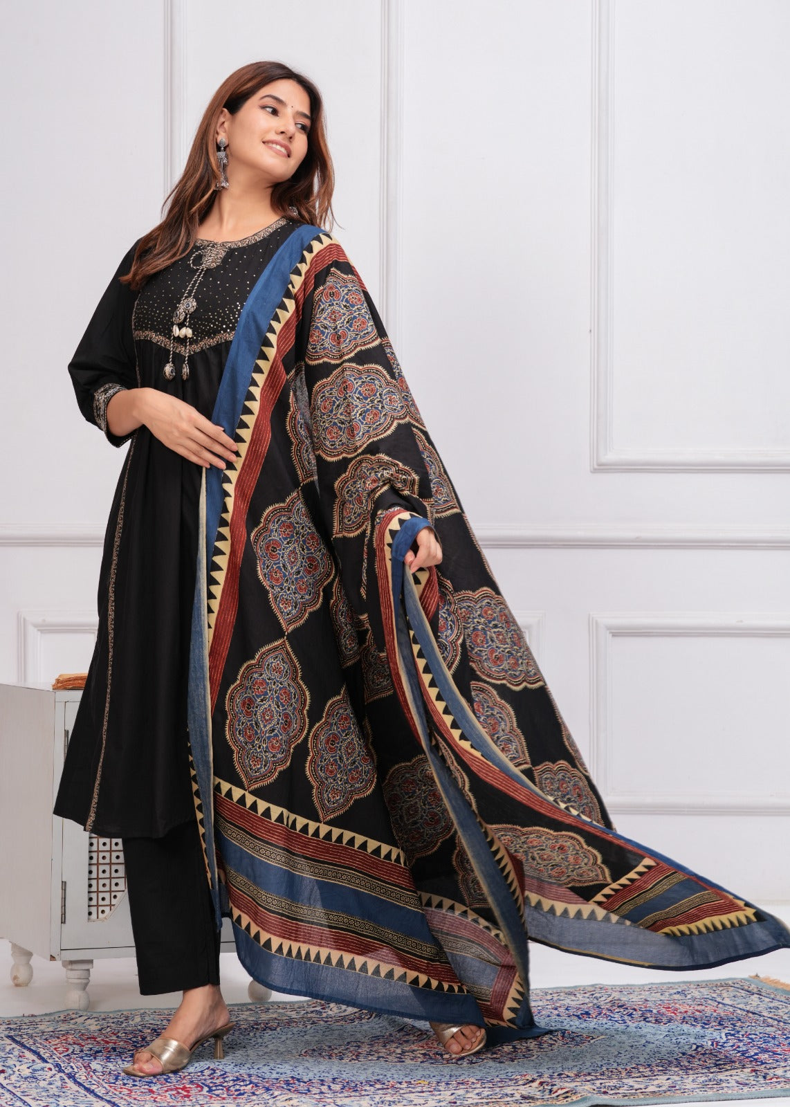 Black pure cotton with ajrakh dupatta three piece set (P831)