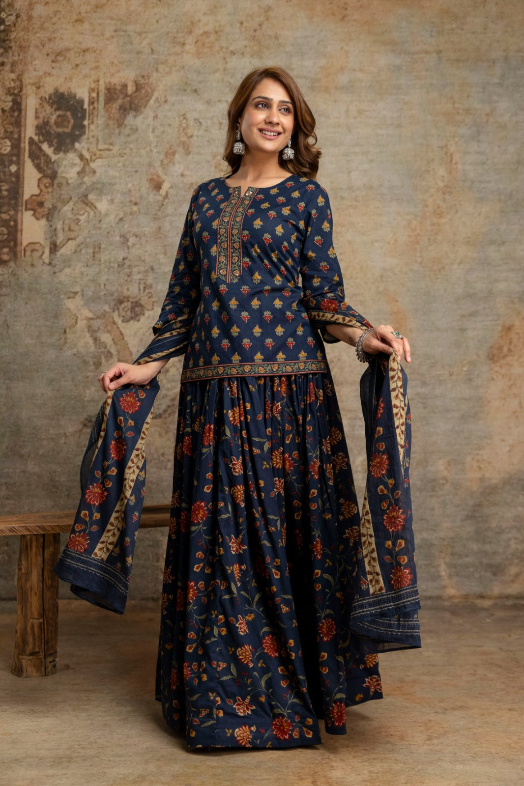 Pure cotton smart top with flared skirt with dupatta (S205)