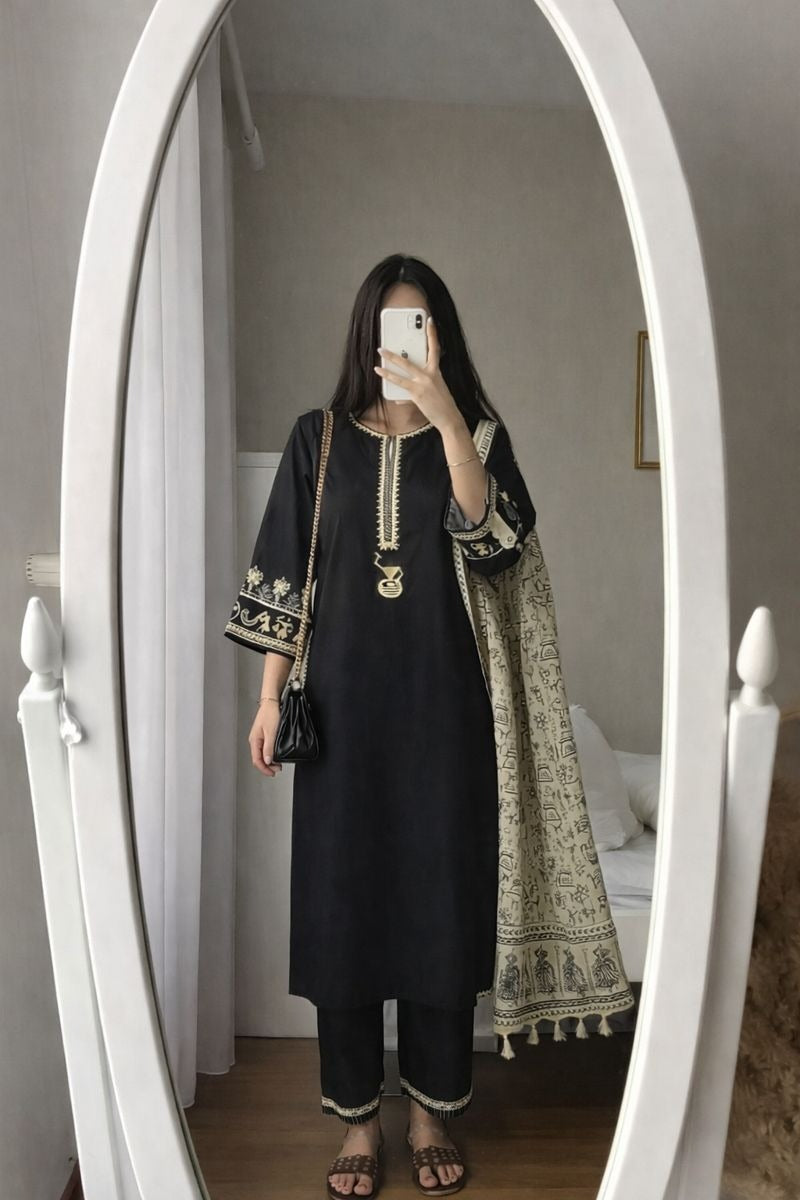 Black cotton modal with varli art silk dupatta three piece set (A1535)