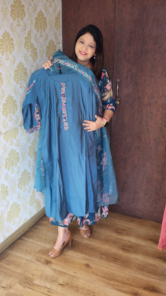 Firozi blue pure muslin silk with full thread work designer three piece set (P1344)