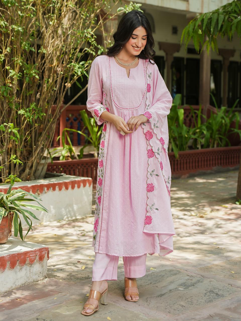 Pink dobby cotton with lining and full thread work three piece set (P663)