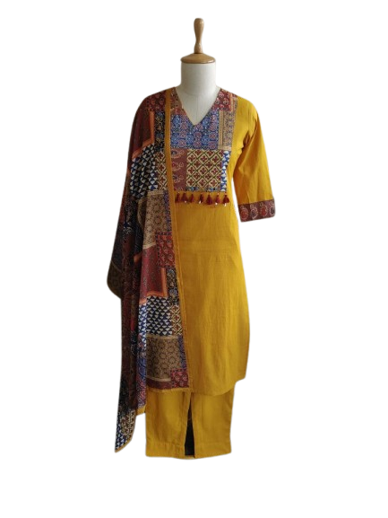 Mustred yellow with kalamkari dupatta three piece set (A163)