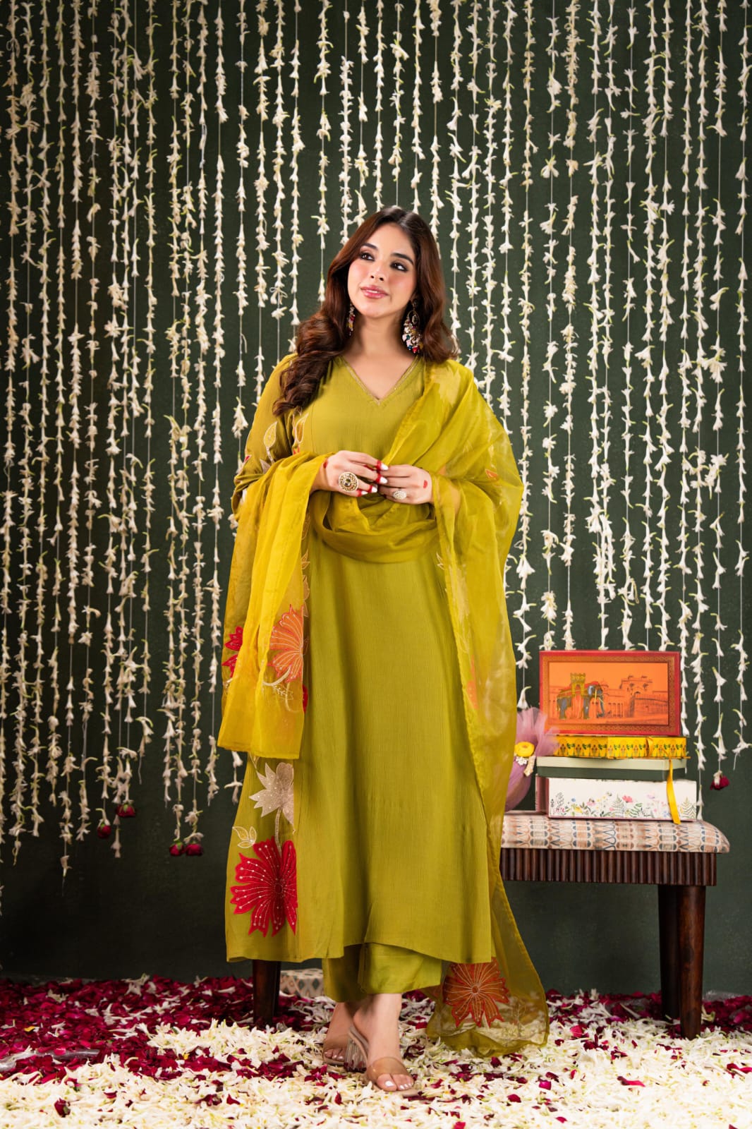 Green crush mul chanderi with full work three piece set (A921)