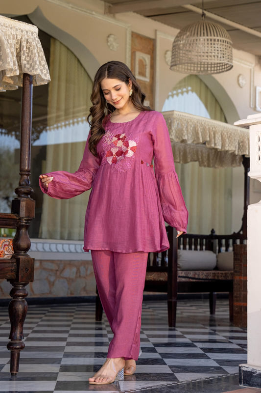 Onion pink pure mul chanderi with hand work two piece cordset (A604)