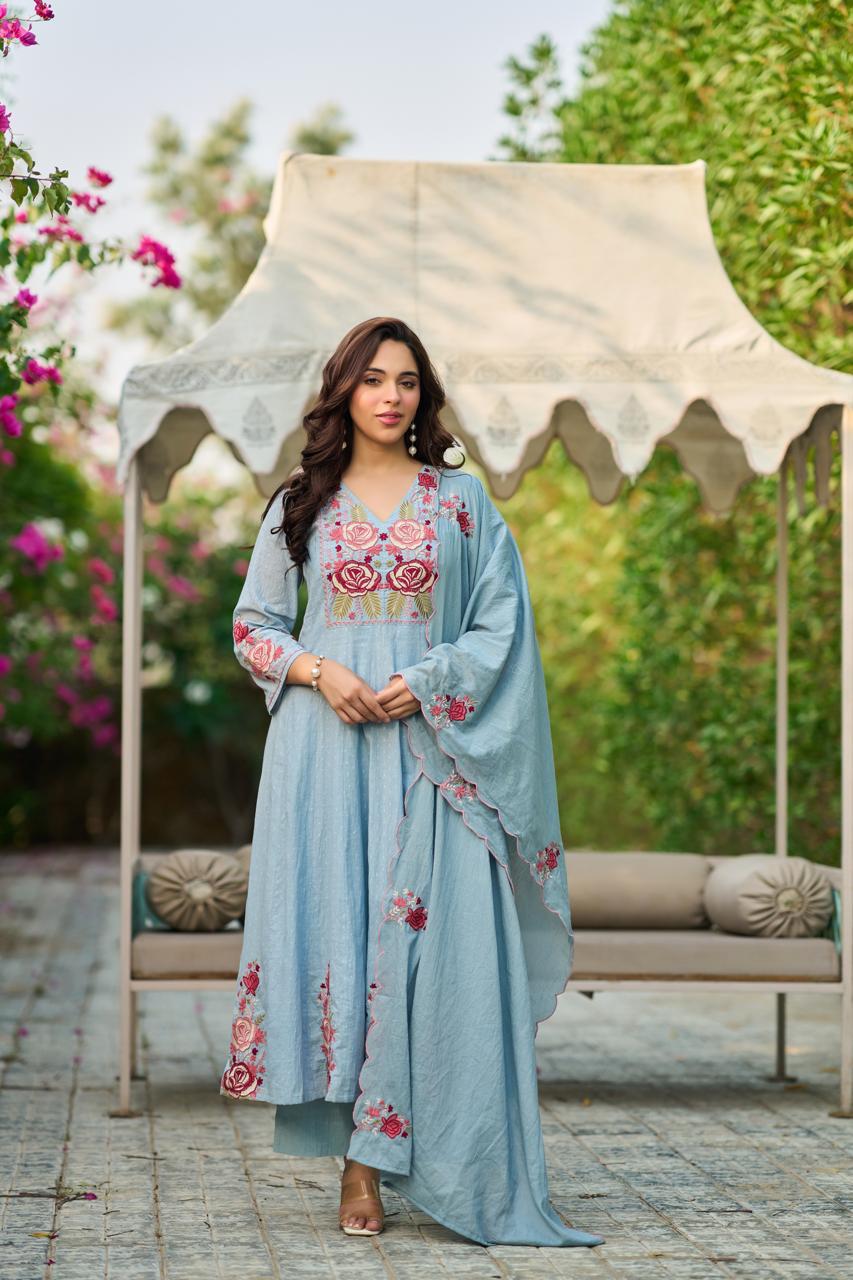 Dobby cotton A line Fully thread work three piece set (B855)