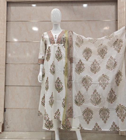 Pure cotton block print A line pattern with kota dupatta three piece set (B832)