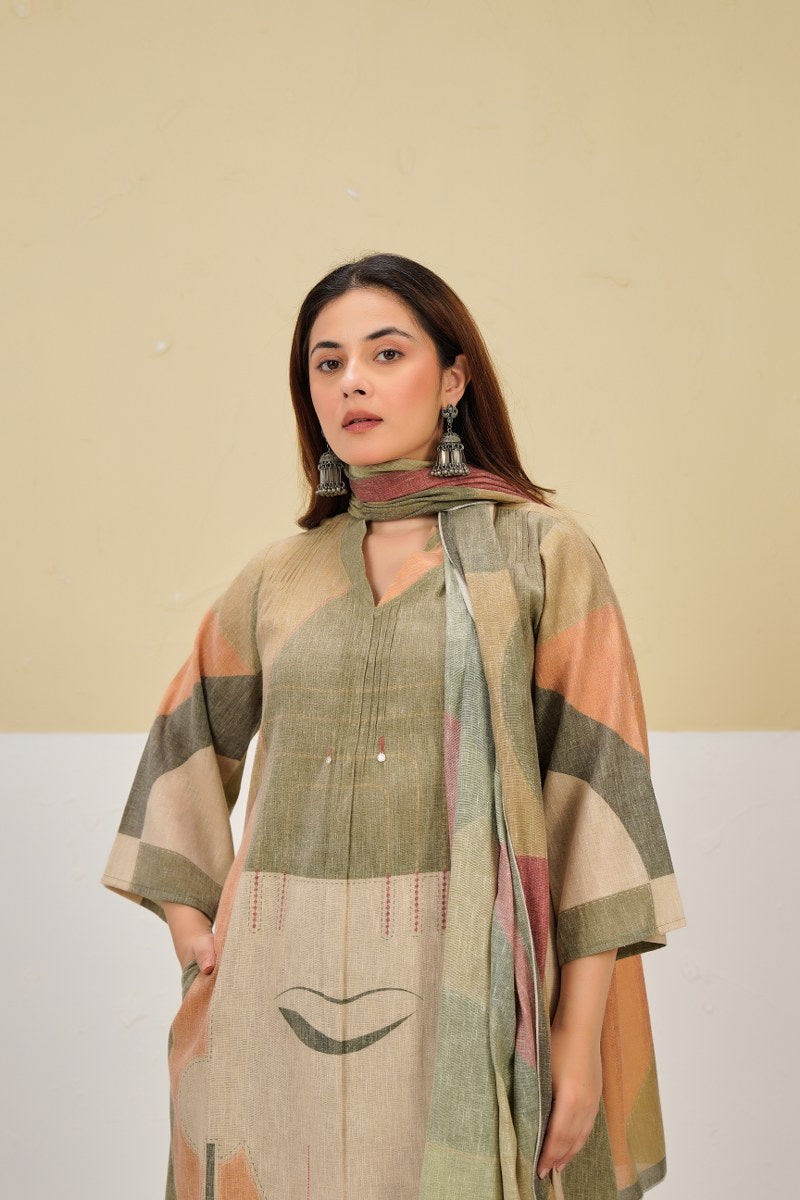 Cotton linen smart three piece set (B694) (loose fit upto 46 can grabe)