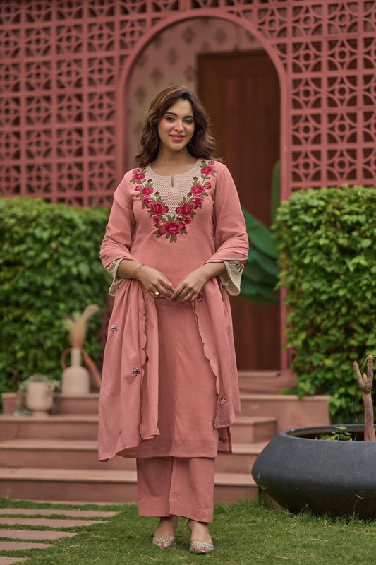 Crush cotton fully thread work three piece set (C271)