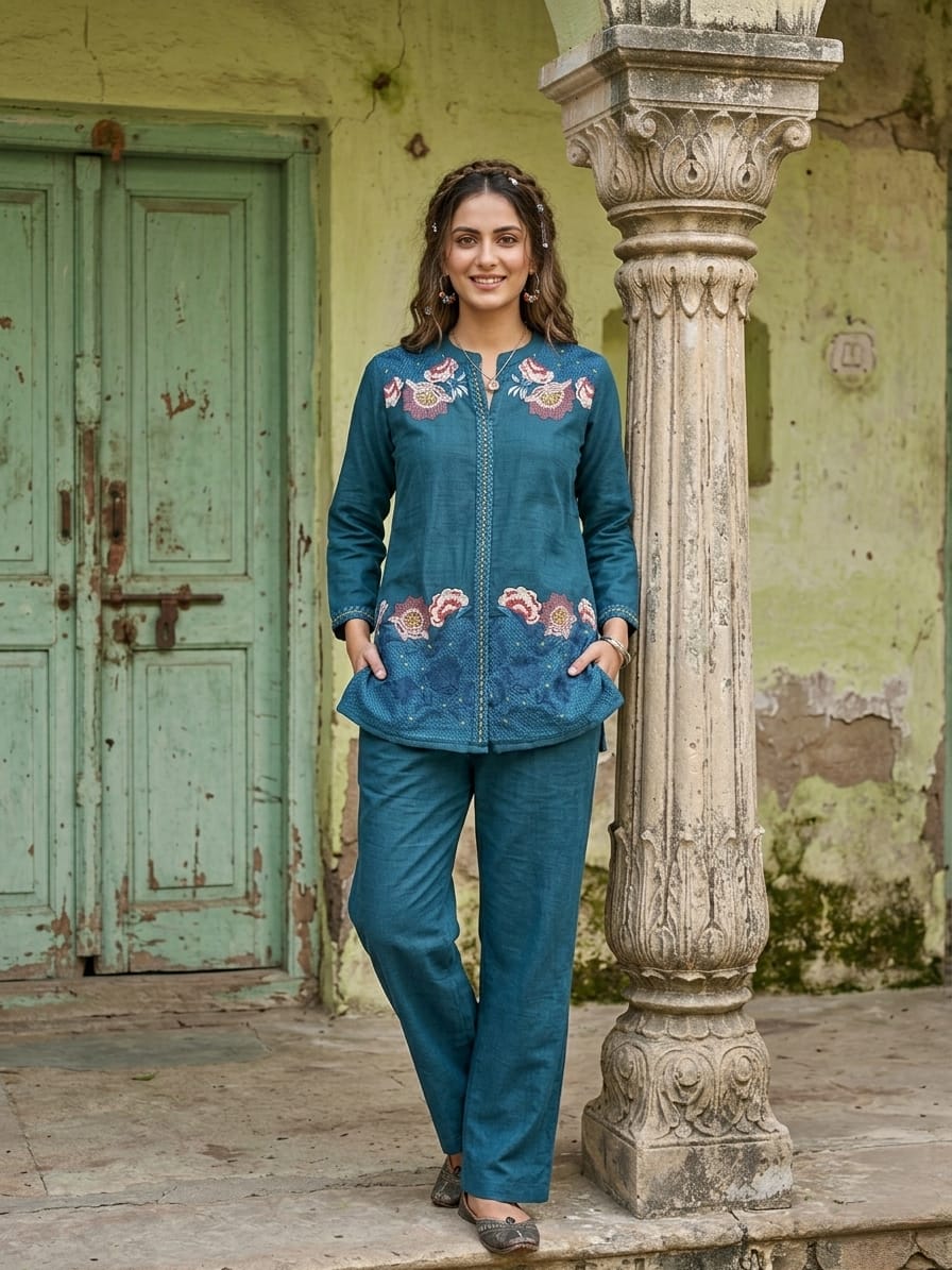 Slub cotton fully embroidered smart two piece cordset (B382)