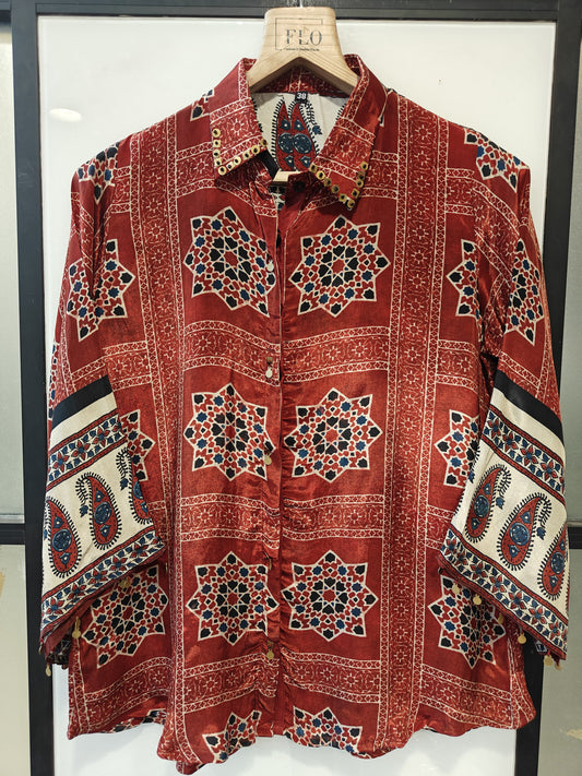 Mahroon pure crape bandani print only shirt (B827)