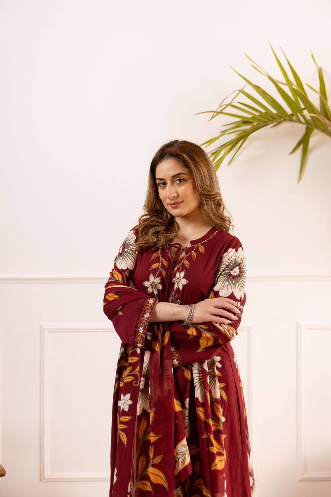 Pure cotton flared printed dark mahroon colour anarkali three piece set (A1904)