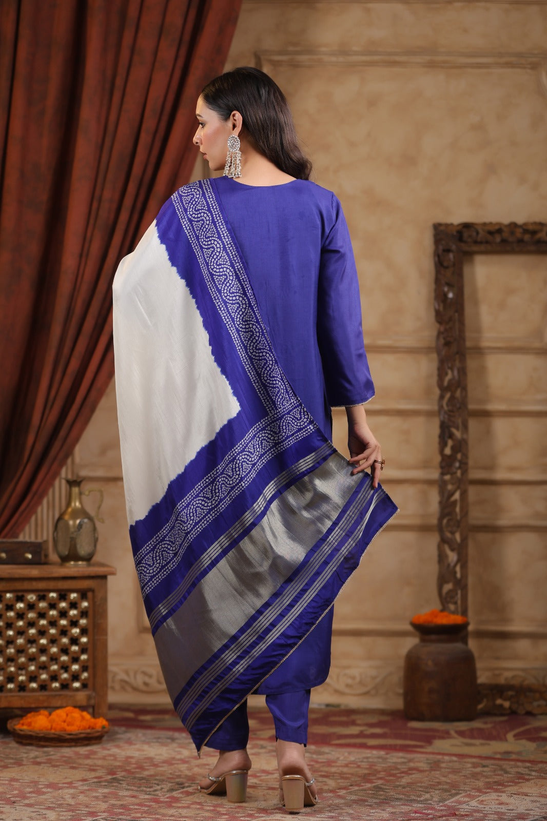 Purple pure silk withheavy work on neck line and bandani  dupatta (P1304)