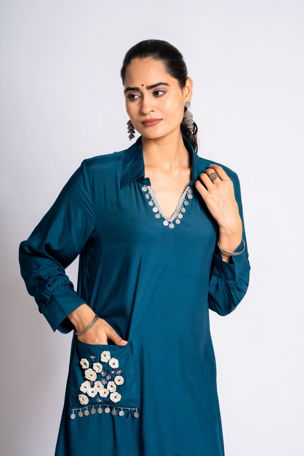 Peacock blue solid color designer two piece pure muslin cordset (T130)