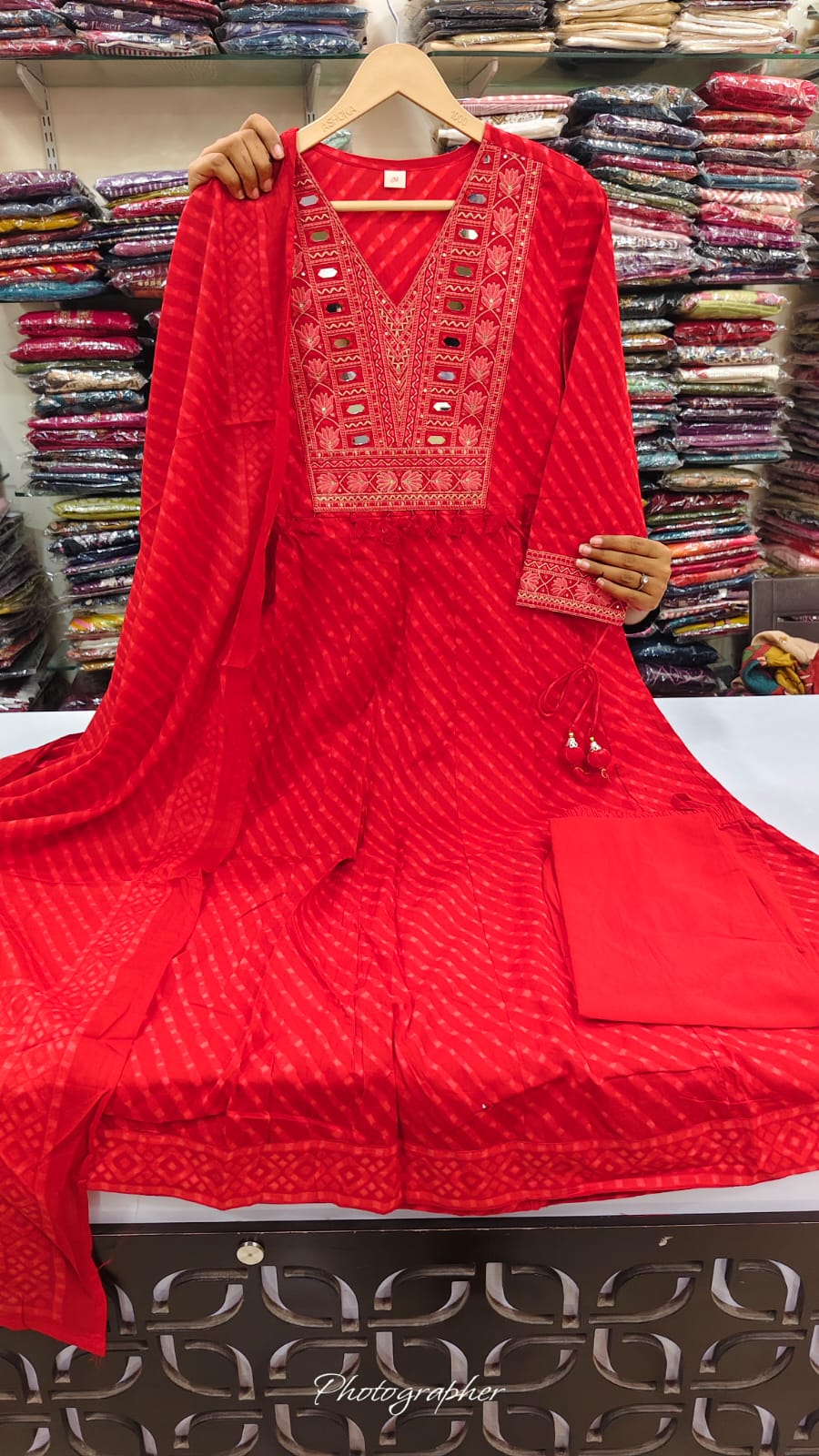 Cotton lehriya flared with real mirror work three piece set (C333)