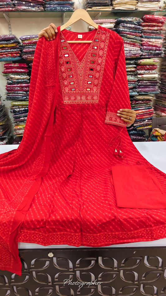 Cotton lehriya flared with real mirror work three piece set (C333)