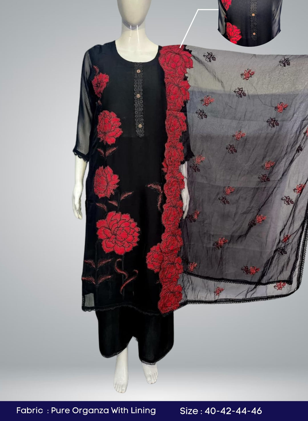 Black soft organza with applique work three piece set (A748)