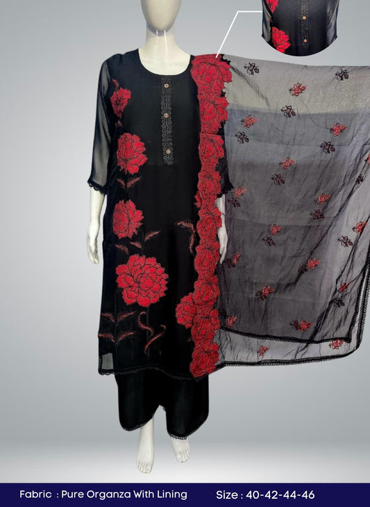 Black soft organza with applique work three piece set (A748)