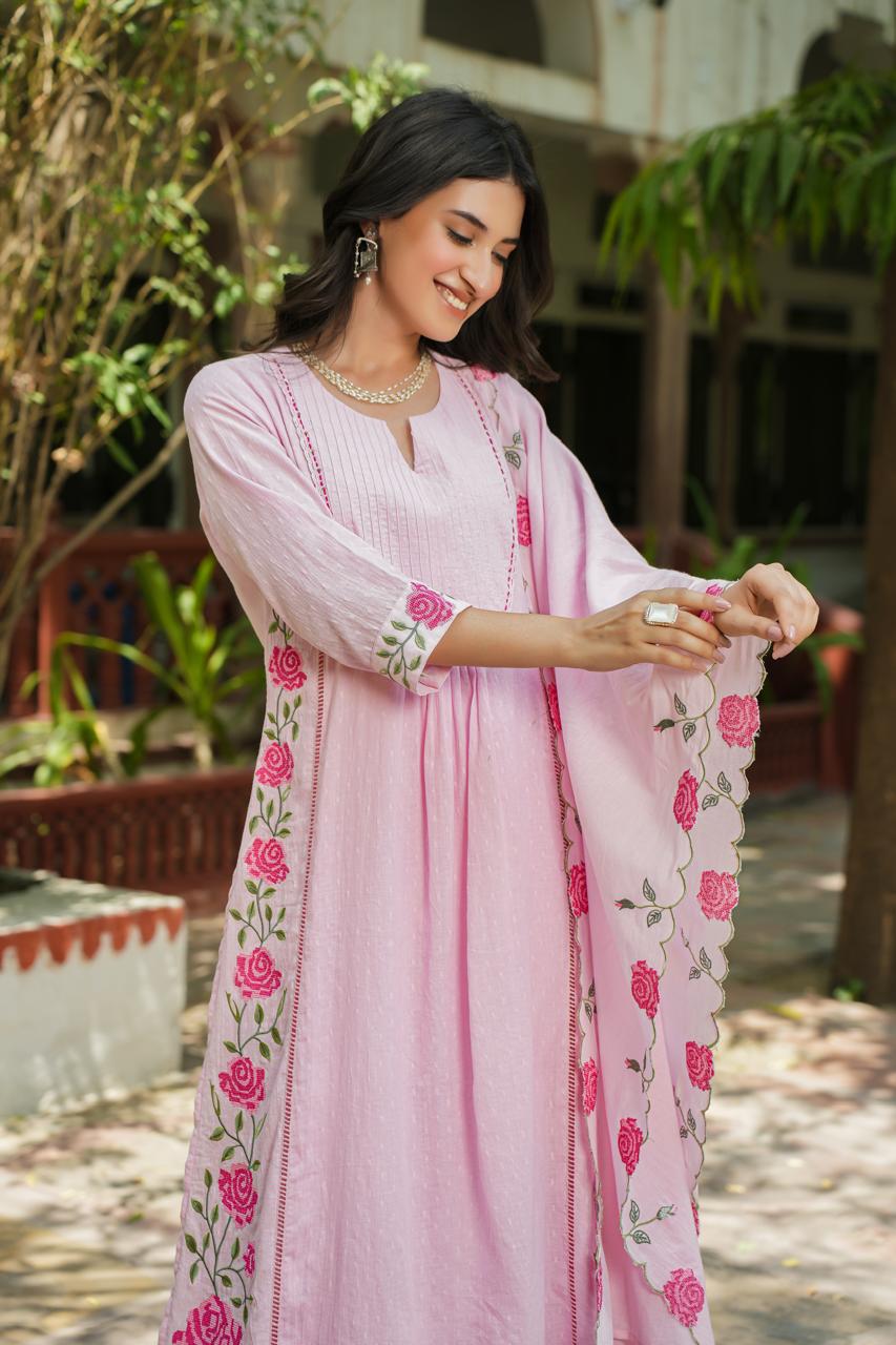 Pink dobby cotton with lining and full thread work three piece set (P663)