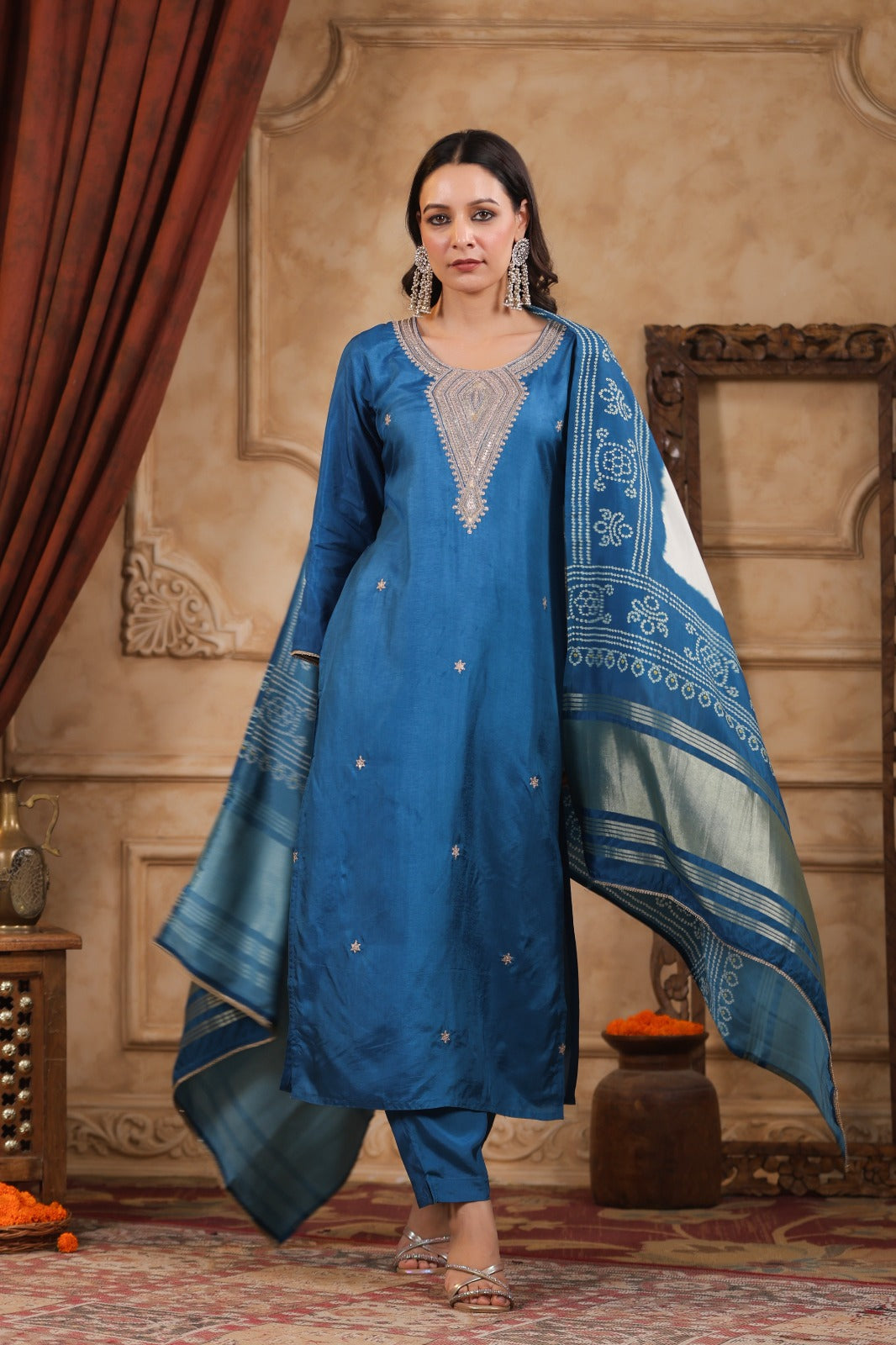 Blue pure silk withheavy work on neck line and bandani  dupatta (P1305)