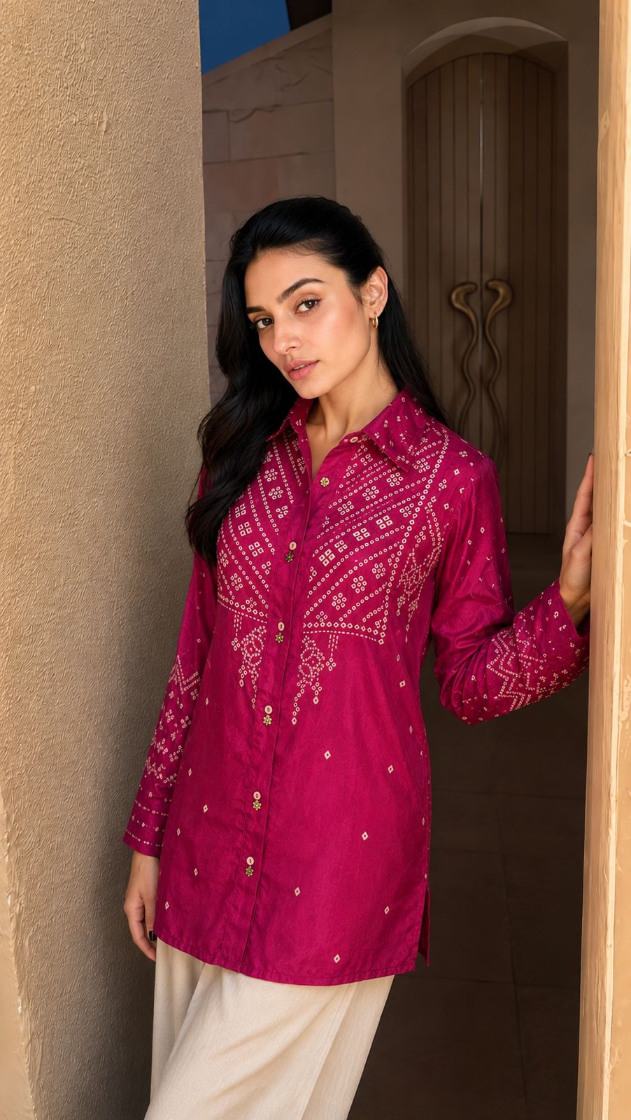 Pure crape bandani print with coin detailing smart shirt (B973)
