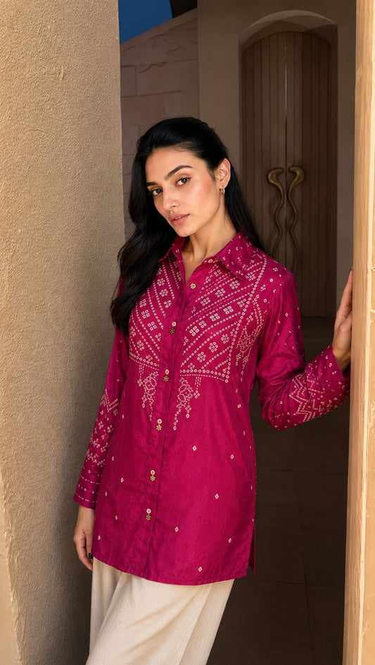 Pure crape bandani print with coin detailing smart shirt (B973)