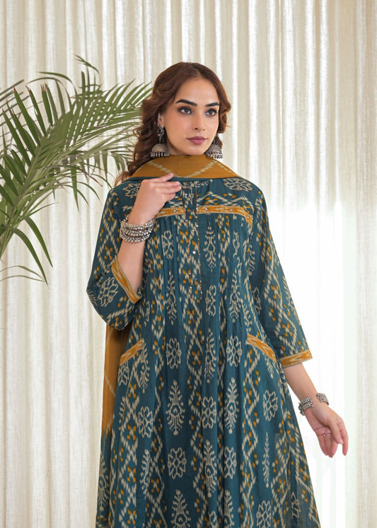 Pure cotton ikkat print three piece set  (B758)
