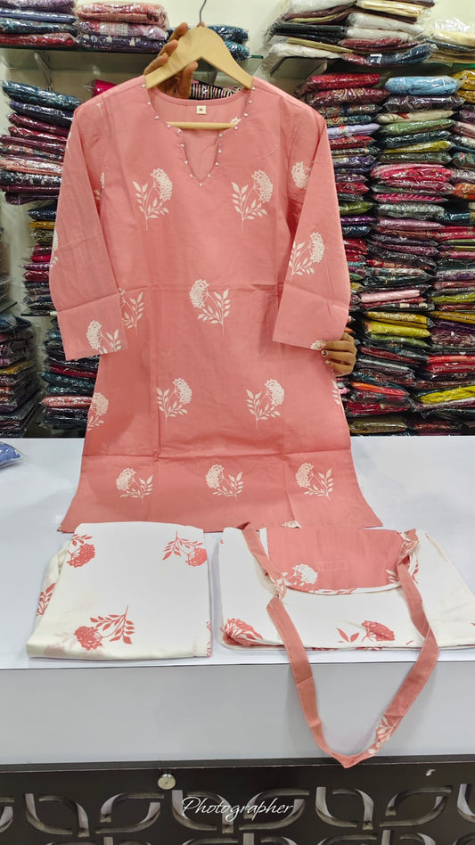 Pure cotton block print smart two piece cordset with sling bag (B870)