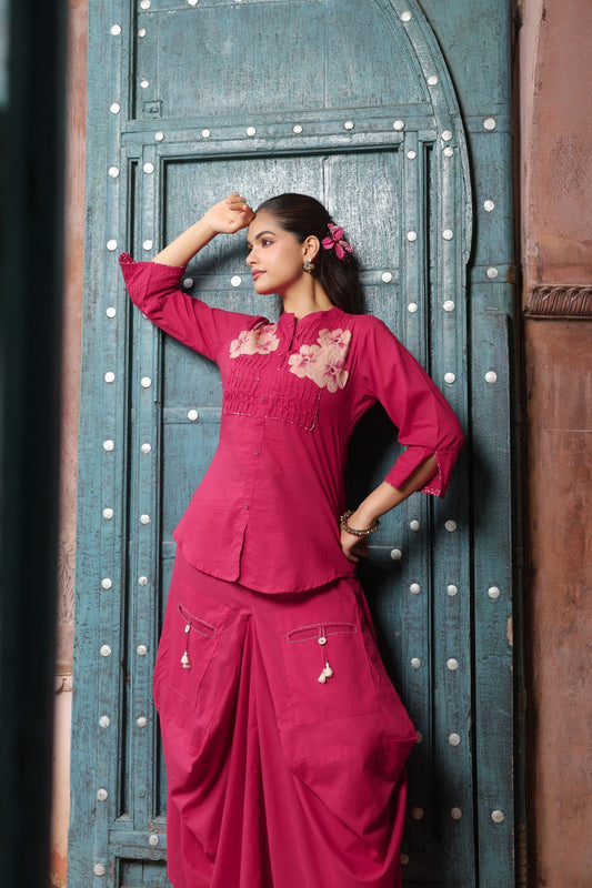 Handloom cotton smart two piece cowl skirt cordset (C543)