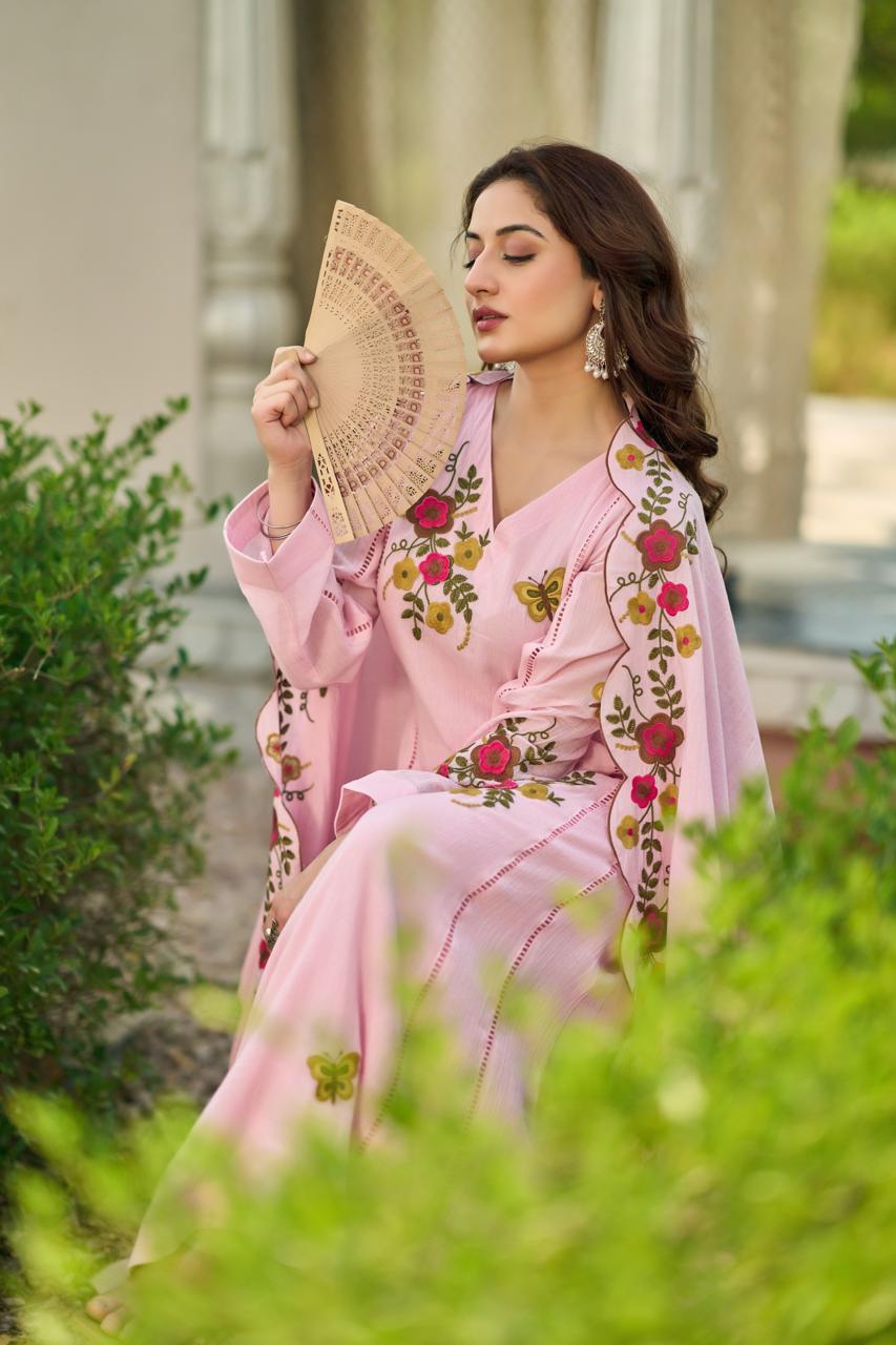 Crush cotton A line Fully embroidered with mul lining beautiful three piece set (S181)