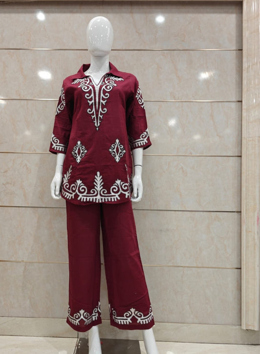 Mahroon pure cotton fully embroidered two piece cordset (A705)