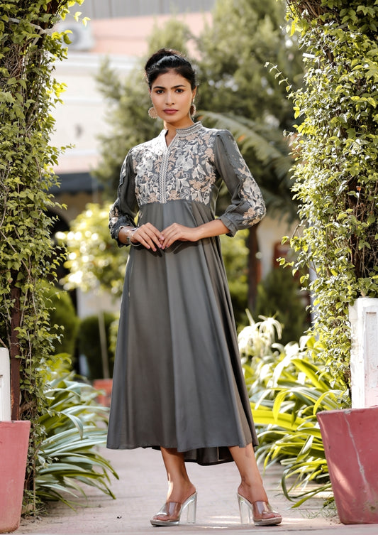 Grey with mul lining full thread work boho dress (P1227)