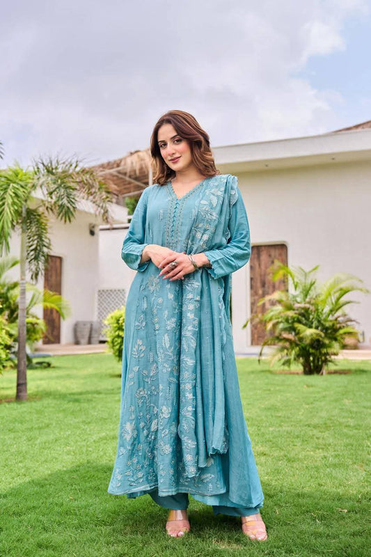Powder blue pure mul chanderi fully thread work three piece set (A671)