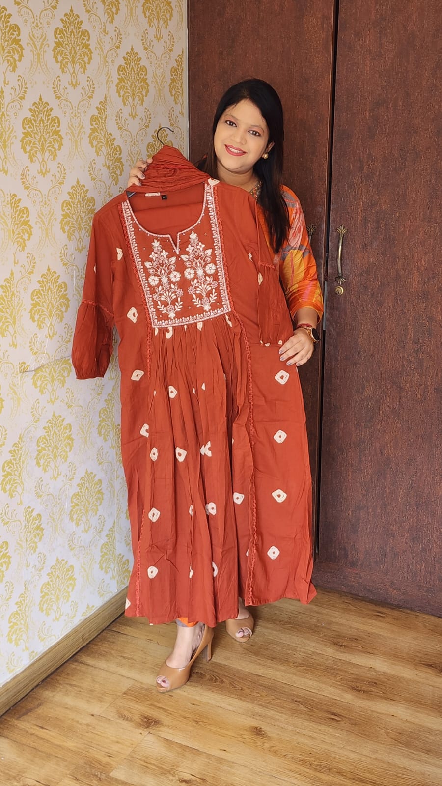 Rust orange pure cotton three piece set (P1419)