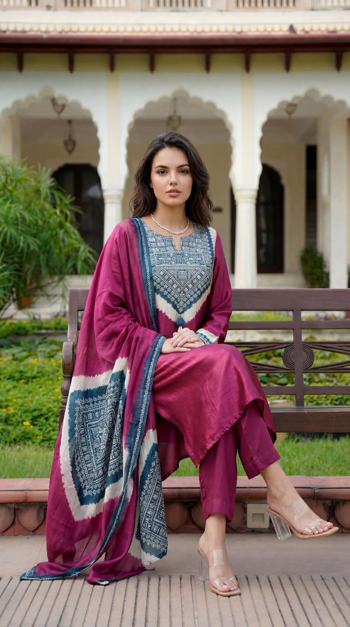 Pure gaji silk with mul lining designer three piece set (A1365)