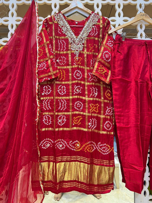 Pure ghatchola bandani print with lagdi border three piece set (C769)