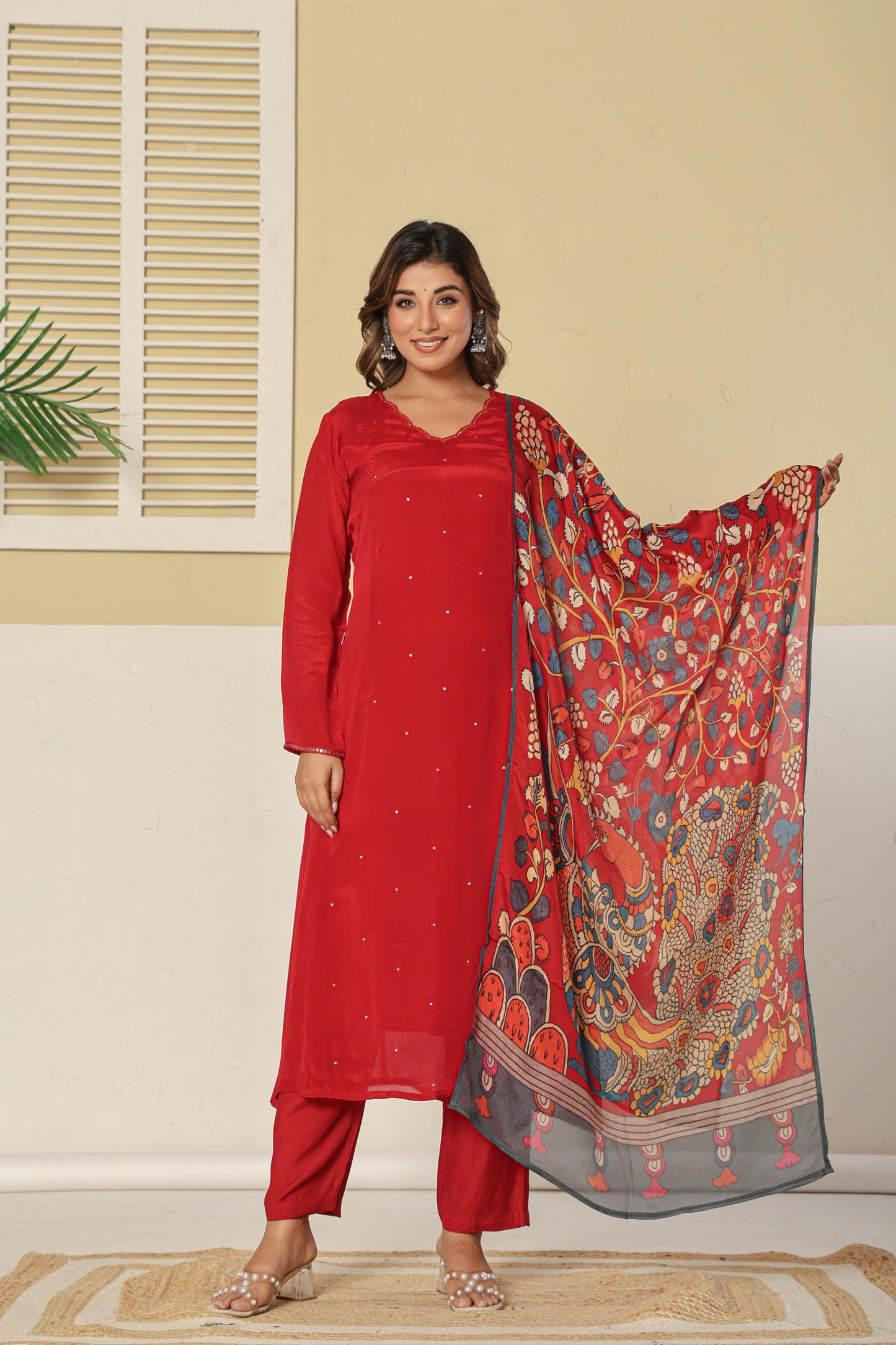 Pure chinnon with kalamkari dupatta three piece set (A1301)