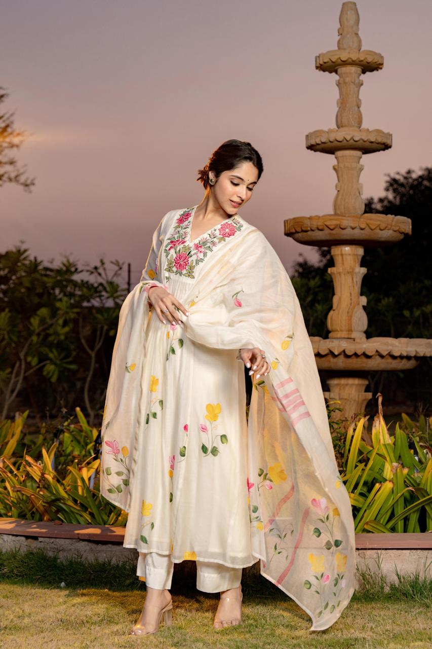 White pure mul chanderi with full thread embroidery on neck line designer three piece set (P1896)